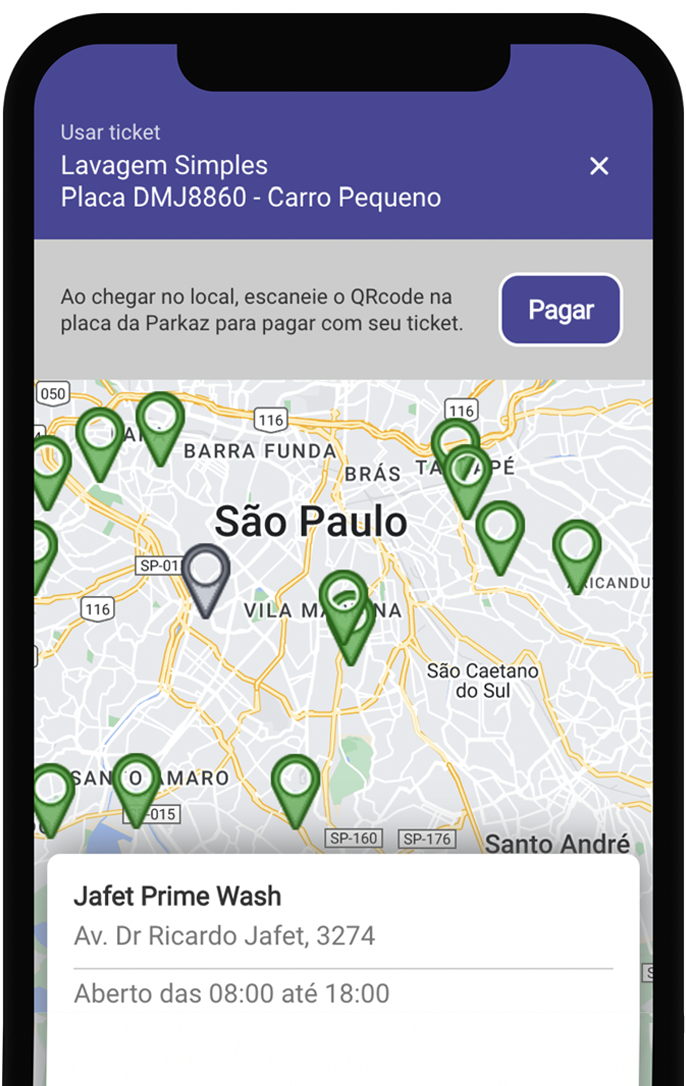 Mapa de pontos de lavagem no app Parkaz