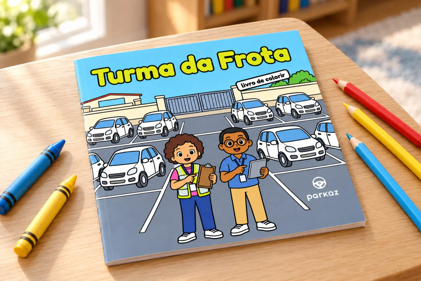 Capa do livro Turma da Frota sobre uma mesa de madeira, com lápis e gizes de cera ao lado. Na capa, dois personagens com prancheta e tablet num pátio cheio de carros brancos.