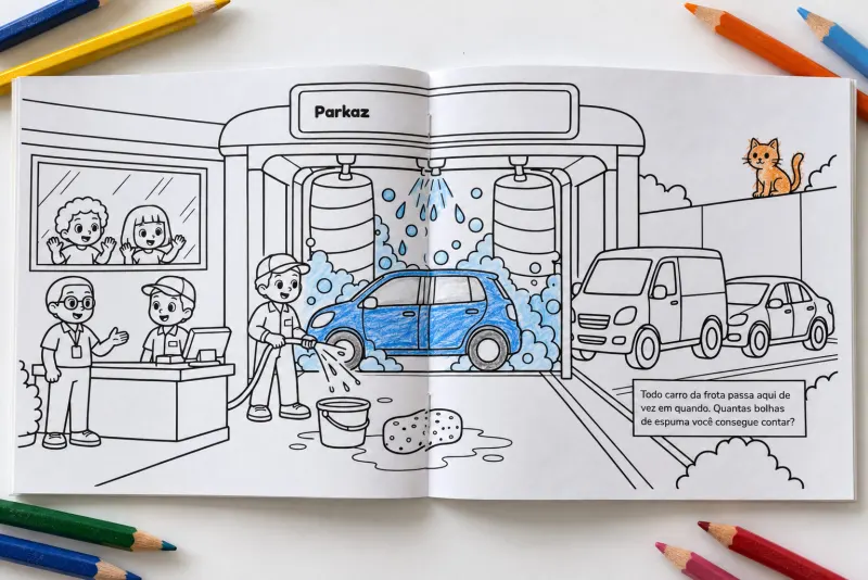 Livro aberto na página dupla central: um lava-jato desenhado, com um carro azul pintado de lápis de cor passando pelos rolos, funcionários no balcão e crianças acenando da janela.