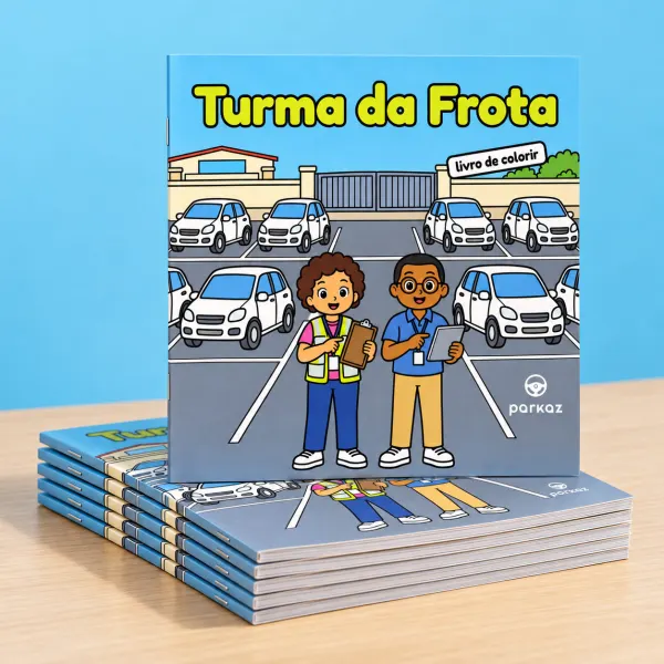 Pilha de exemplares do livro Turma da Frota sobre uma mesa, com um exemplar em pé mostrando a capa.